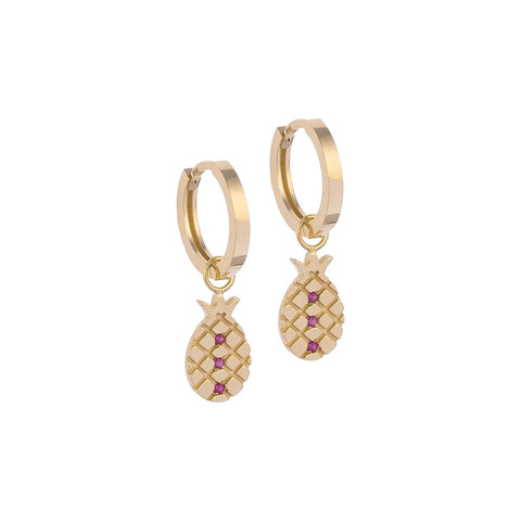 Pineapple-shaped Gold Earring Charm with Ruby Stones