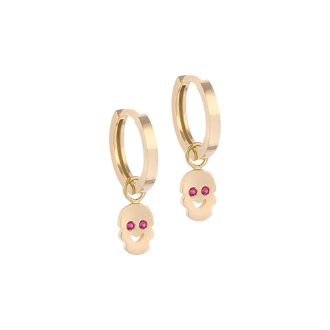 Smiling Face-shaped Gold Earring Charm with Ruby Stones 