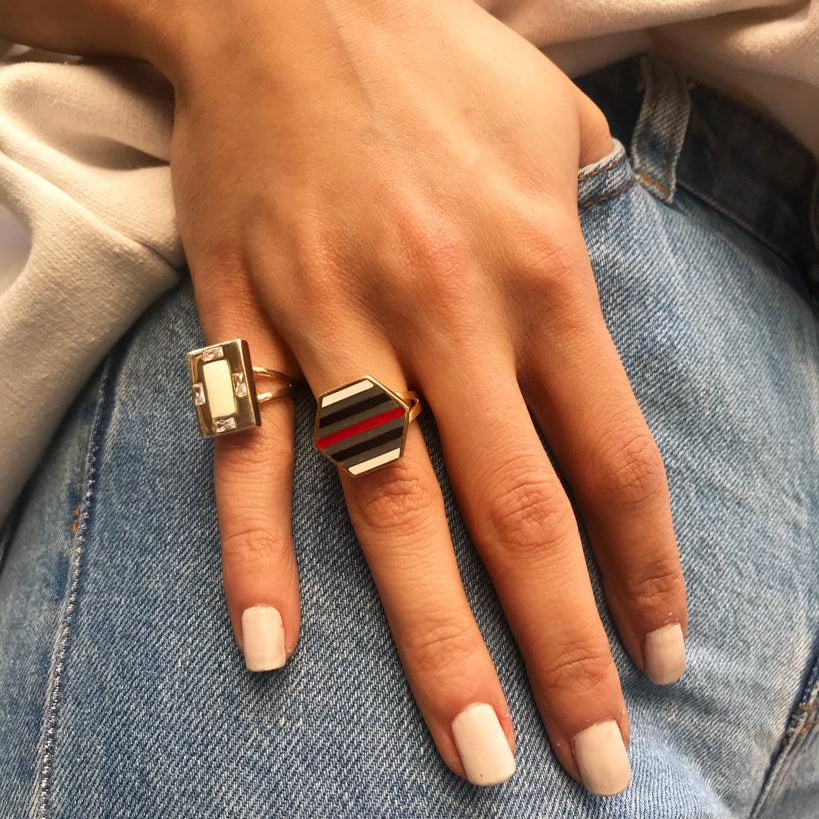 Rectangle Enamel Side Ring with Stones